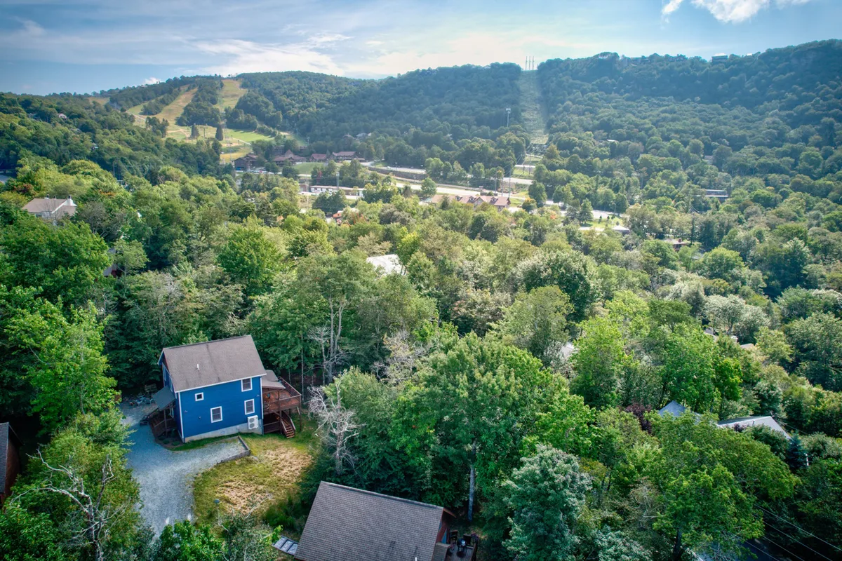 A striking exterior view of the blue house nestled among tall trees, with a clear vantage of distant mountain ridges. The deck is visible, hinting at spaces for outdoor relaxation and gathering, while the trees embody the changing seasons—green in summer, colorful in fall, and likely snow-capped in winter.